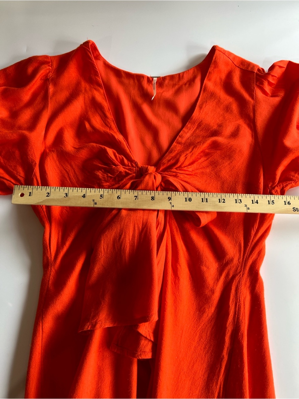 Free People Women's Tie Front V-Neck Bright Orange Linen Blend MIDI Dress Boho M - Picture 8 of 12